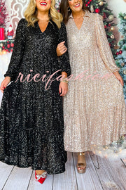 Christmas Elegant Sequin Long Sleeve V Neck Midi Dress