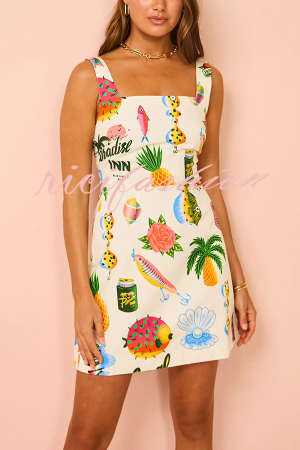 Summer Colorful Fruit Unique Print Tie-back Mini Dress