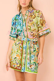 Sasha Linen Blend Unique Printed Shirt Style Tie-waist Mini Dress