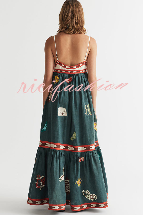 Unique Printed Sexy Suspender Backless Large Hem Maxi Dress