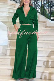 Satin Solid Color Lapel Long Sleeve Blouse and Loose-fitting Pocket Wide Leg Pants Set