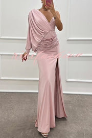 Like Venus One Shoulder Bat Sleeve Ruched Detail Slit Gown Maxi Dress