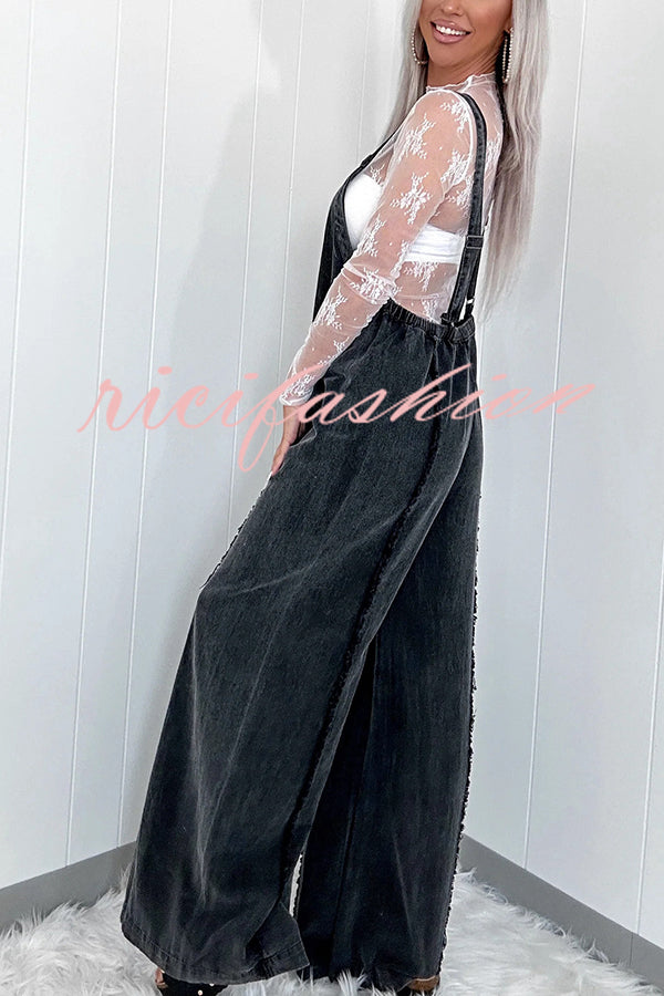 Vintage Washed Denim Raw Edge Elastic Waist Wide Leg Jumpsuit