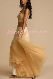 Romance Factor Satin Patchwork Tulle High Rise Elastic Waist A-line Maxi Skirt