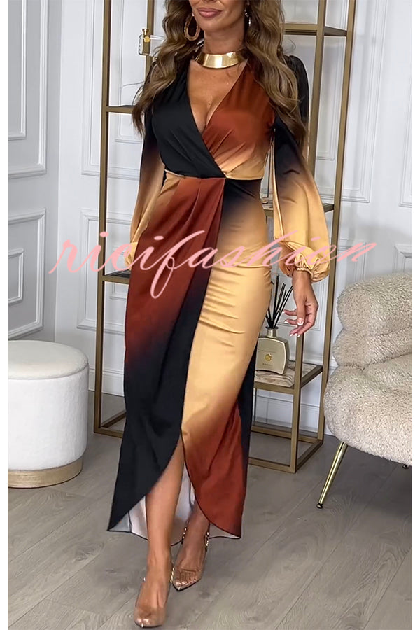 Romantic Sunset Gradient Print Ruched Balloon Sleeve Slit Maxi Dress