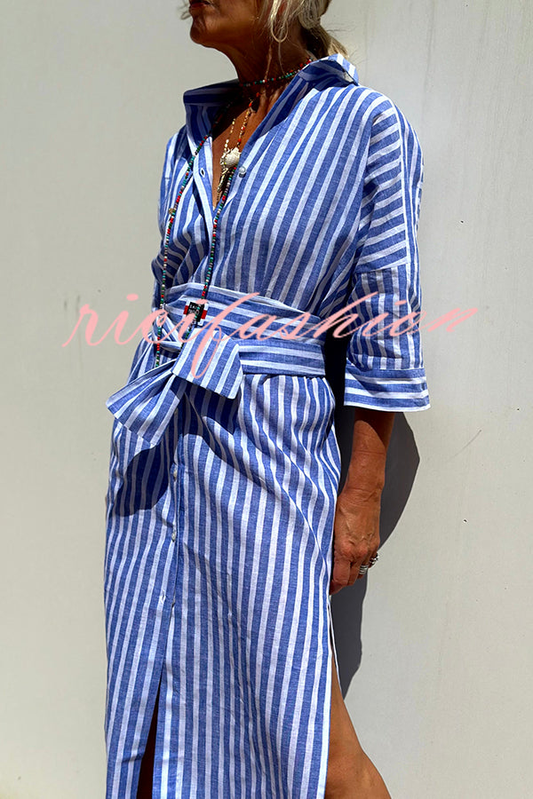 Summer Splendor Printed Button Half Sleeve Belt Loose Shirt Midi Dress