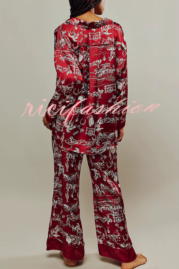 Unique Printed Lounge Long-sleeved Shirt and Elastic Waisted Baggy Pants Set