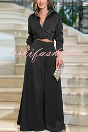 Satin Solid Color Lapel Long Sleeve Blouse and Loose-fitting Pocket Wide Leg Pants Set