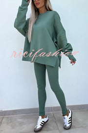 Solid Color Loose Long Sleeve SlitSweatshirt and Elastic Waist Tight Pants Set