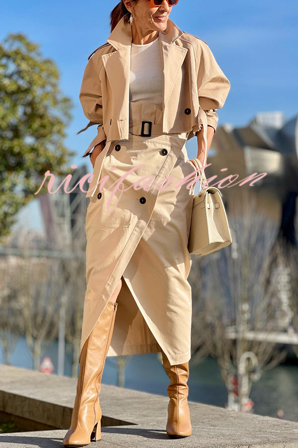 Work Style Lapel Long Sleeve Jacket and Button Belt Pocketed Slit Midi Skirt Set