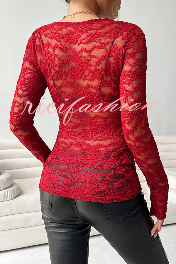 Solid Color Lace V-neck Long-sleeved Slim-fit Top