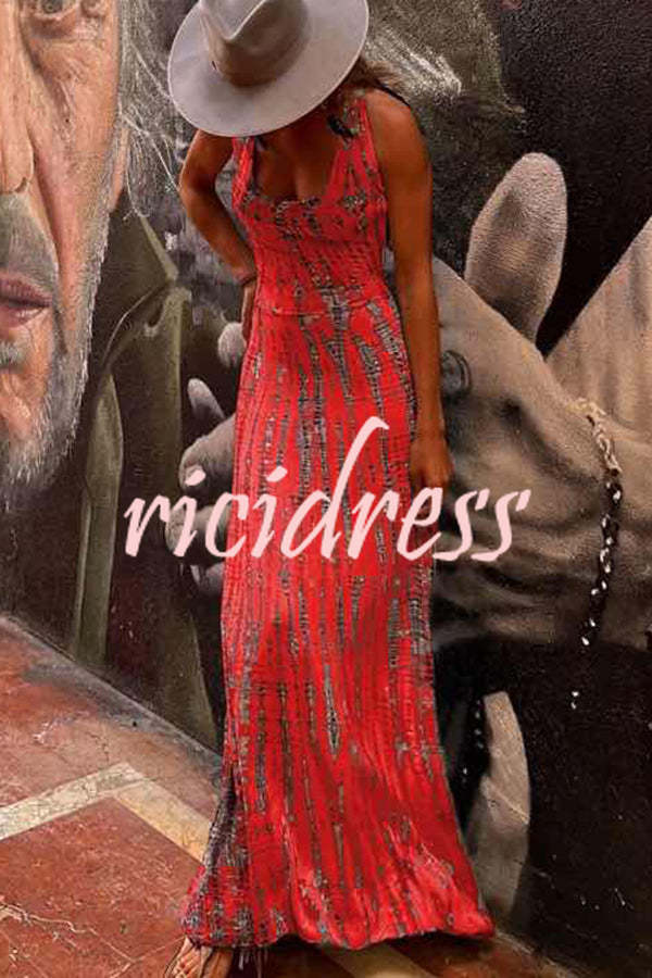 Modern Day Tie-dye Print Back Lace-up Stretch Maxi Dress