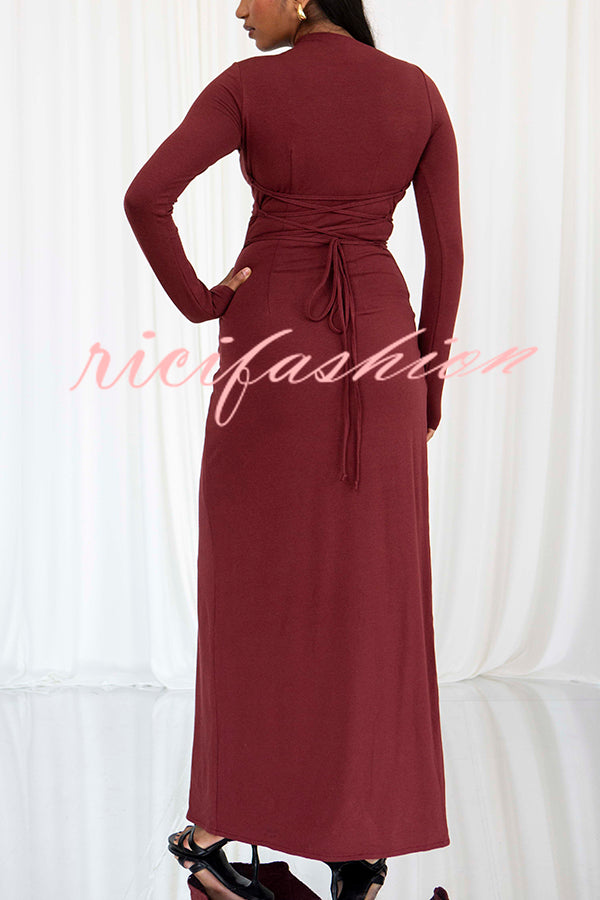 Venus Long Sleeve Ruched Side Slit Drape Ruffles Back Lace-up Stretch Maxi Dress