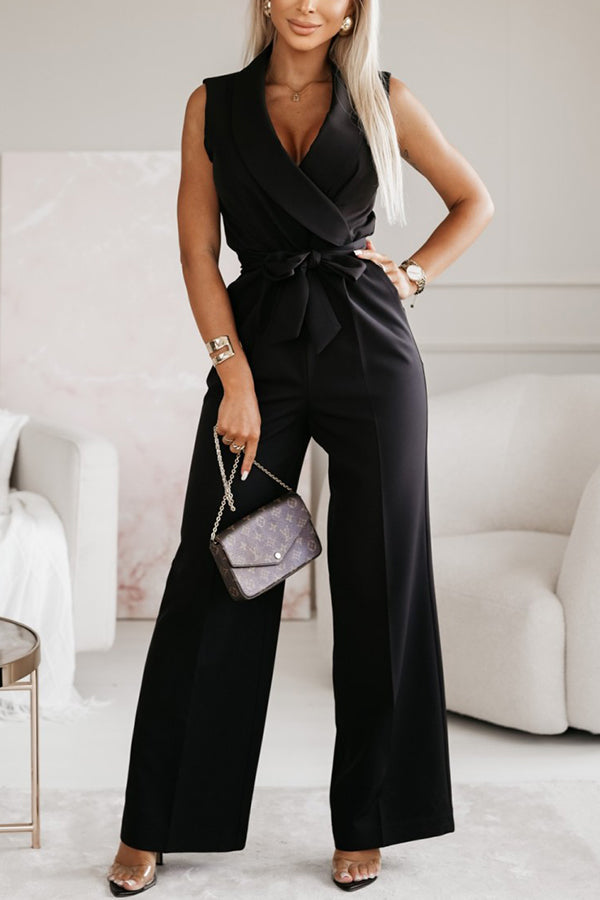 Make Your Entrance Lapel Belt Pocketed Wide Leg Formal Jumpsuit