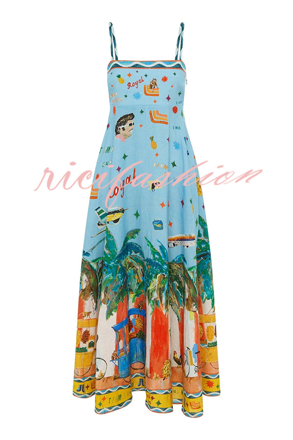 Summer Energy Linen Blend Unique Print Smocked Back Pocketed Midi Dress