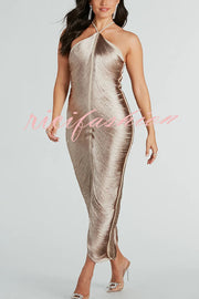 Sexy Allnight Metallic Halterneck Backless Fringed Slit Maxi Dress