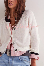 Stylish Contrasting Crew Neck Buttoned Knitted Cardigan