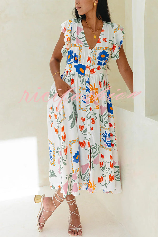 Boho Floral Print Buttoned V-neck Midi Dress