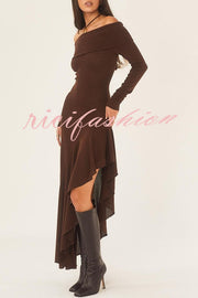 Temperament Off Shoulder Long Sleeve Irregular Hem Stretch Maxi Dress