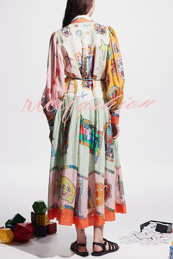 Set for Vacay Unique Print Colorblock Balloon Sleeve Belt Shirt Midi Dress