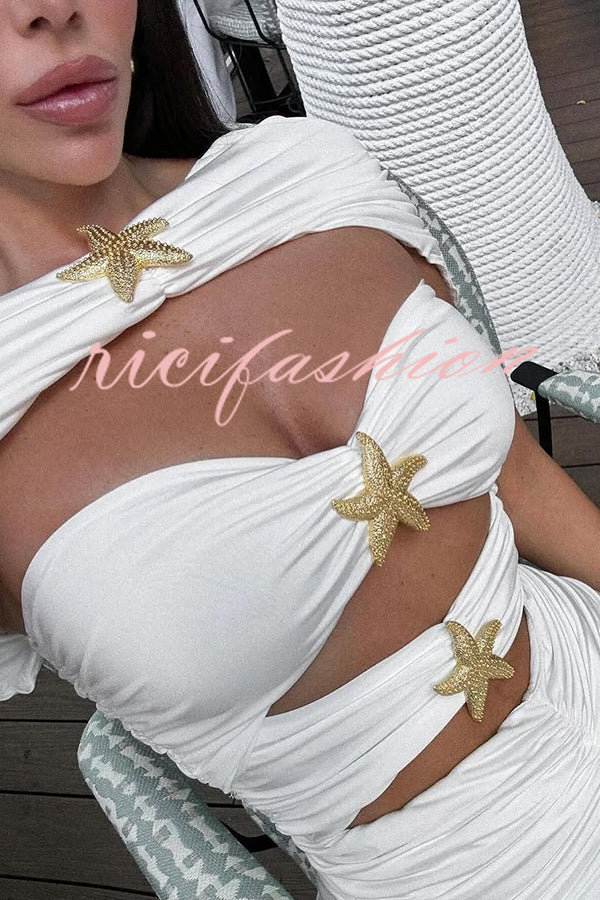 Solid Starfish Decoration Shawl and Cutout Stretch One-Piece Swimsuit