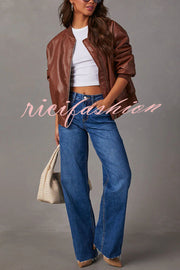 Solid Color Long Sleeve Loose Pocket Leather Jacket