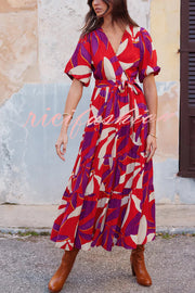 Unique Printed V-neck Puff Sleeves Tie Waist Midi Dress