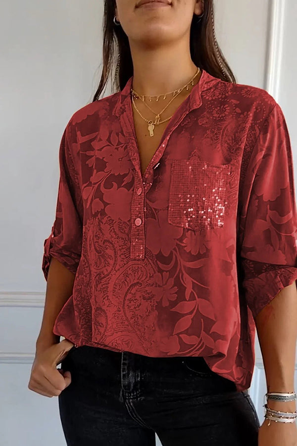 Botanical Floral Print Casual Fashion Sequin Pocket Shirt Top