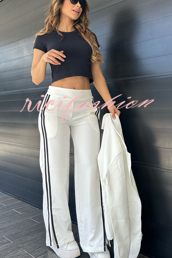 Sporty Mixed Formal Striped Trim Lapel Blazer and Elastic Waist Pocket Loose Pants Set