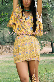 Mumbai's Flower Unique Print Batwing Sleeve Wrap Tie-up Boho Mini Dress