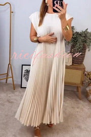 Solid Color Round Neck Sleeveless Pleated Large Hem Maxi Dress