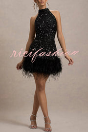 Dazzling and Playful Sequin High Neck Feather Trim Stretch Mini Dress