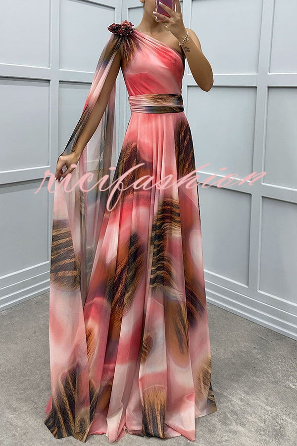 Lucia Unique Print Floral Detail One Shoulder Draped Sleeve Gown Maxi Dress