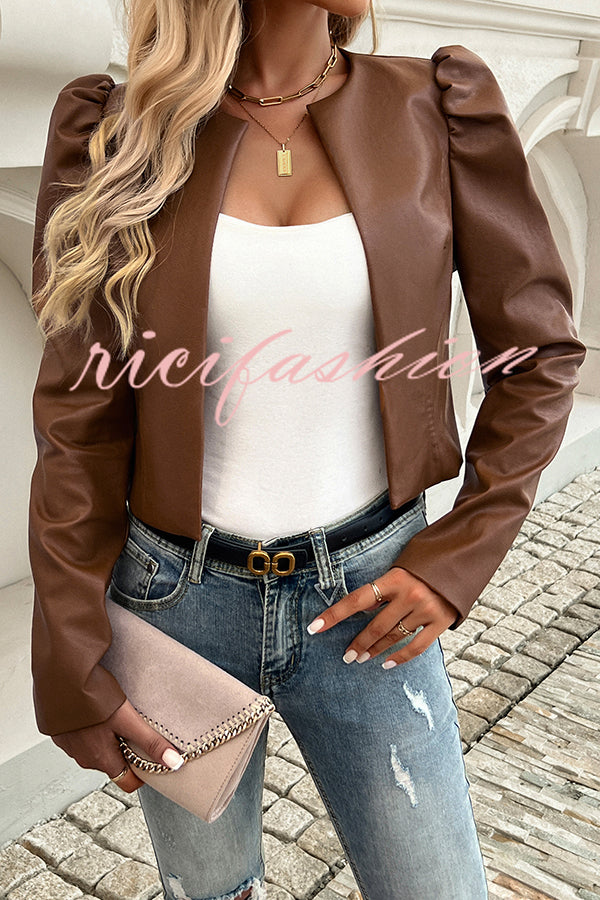 Yelissa Faux Leather Statement Long Sleeve Open Front Crop Jacket