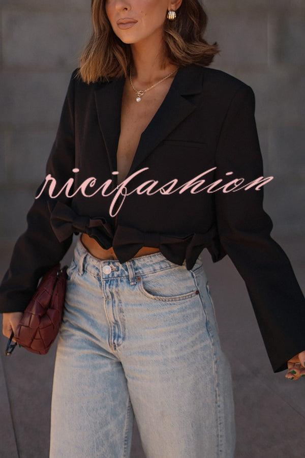 So Chic Bow Trim Long Sleeve Lapel Crop Blazer