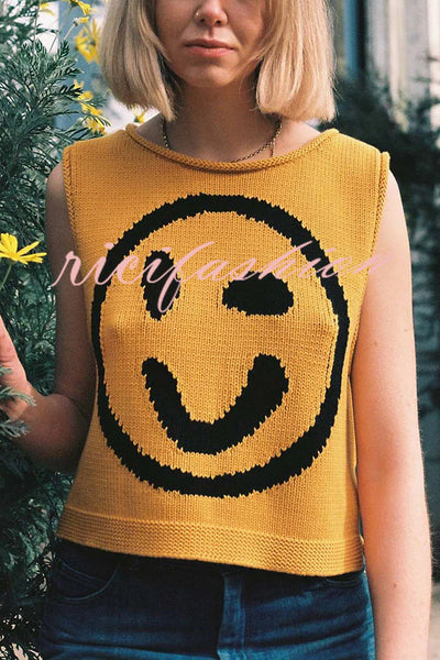 Always Happy Face Knit Unique Pattern Versatile Loose Tank Top