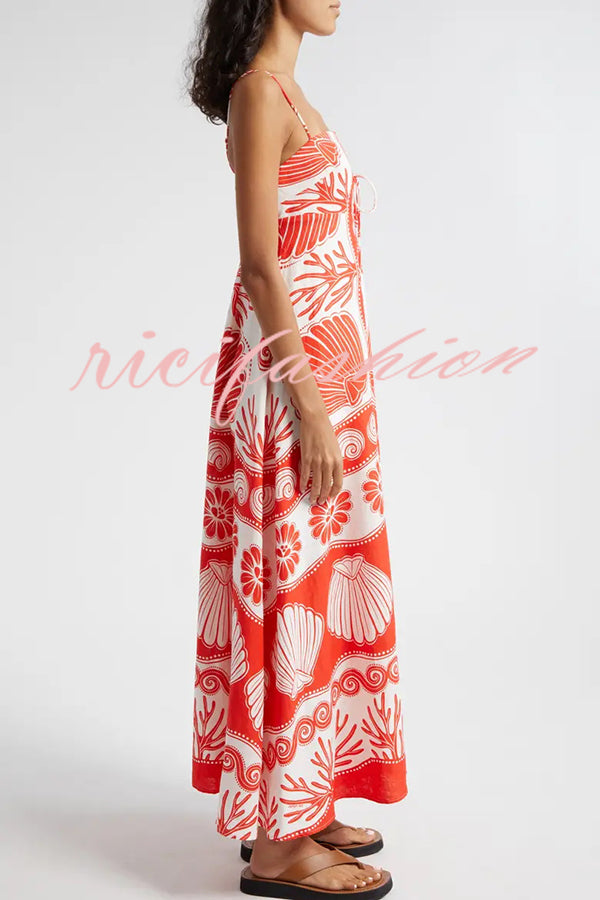 Beautiful Shell Unique Print Front Lace-up Loose  Maxi Dress