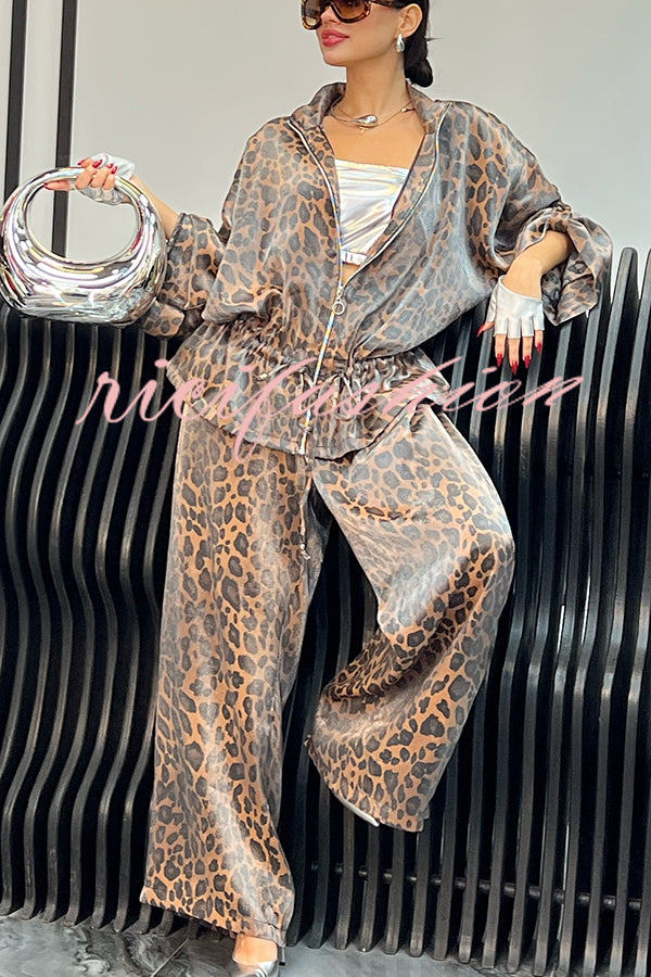 Leopard Print Drawstring Waist Zipper Jacket and Elastic Waist Pocket Loose Pants Set