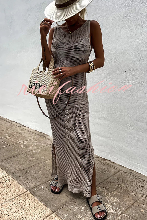 Solid Color Knitted Cutout Slit Slim Fit Maxi Dress