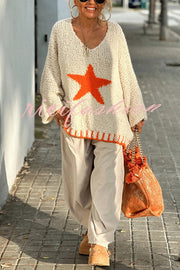 Warm Winter Day Texture Knit Star Pattern Contrast Color Loose Sweater