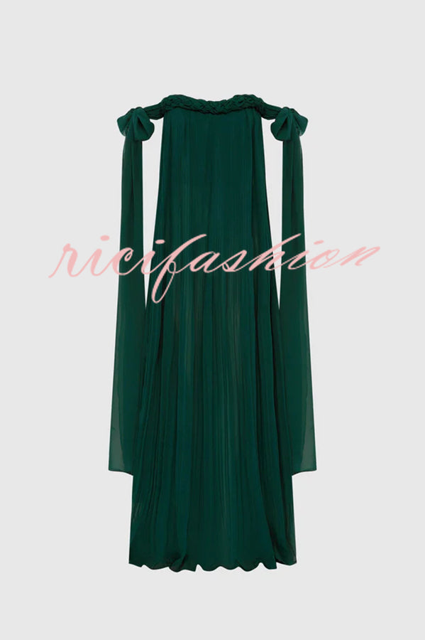 Fairy Spirit Tulle Braided Neckline Tie Arm Straps Pleated Maxi Dress