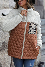 Casual Patchwork Plush Long Sleeve Leopard Print Pocket Loose Zipper Jacket