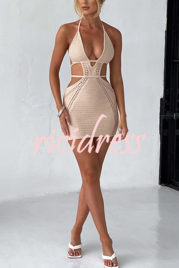 Effortlessly Cool and Sexy Knit Crochet Cutout Halter Tie-up Stretch Mini Dress