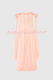 Fairy Spirit Tulle Braided Neckline Tie Arm Straps Pleated Maxi Dress