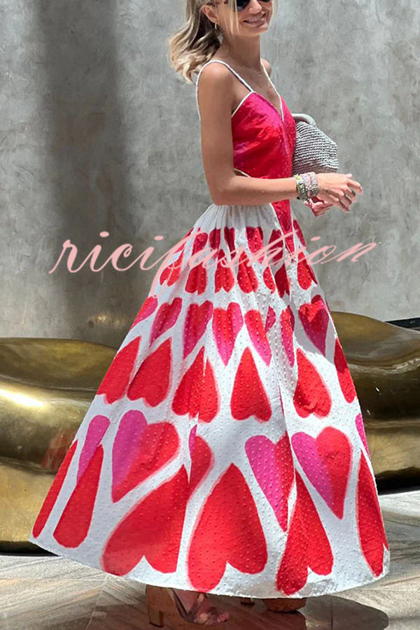 Full of Love Heart Shape Print Cutout Spaghetti Strap Backless Maxi Dress