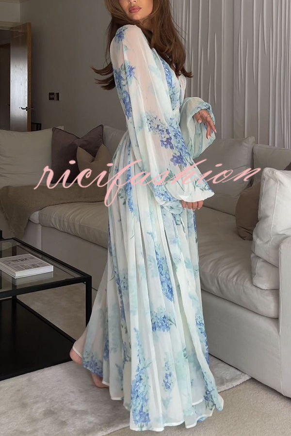 Headed To The Ocean Chiffon Floral Drawstring Waist Maxi Dresses