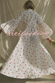 Cute Heart Print Puff Sleeve Loose Shirt Style Maxi Dress