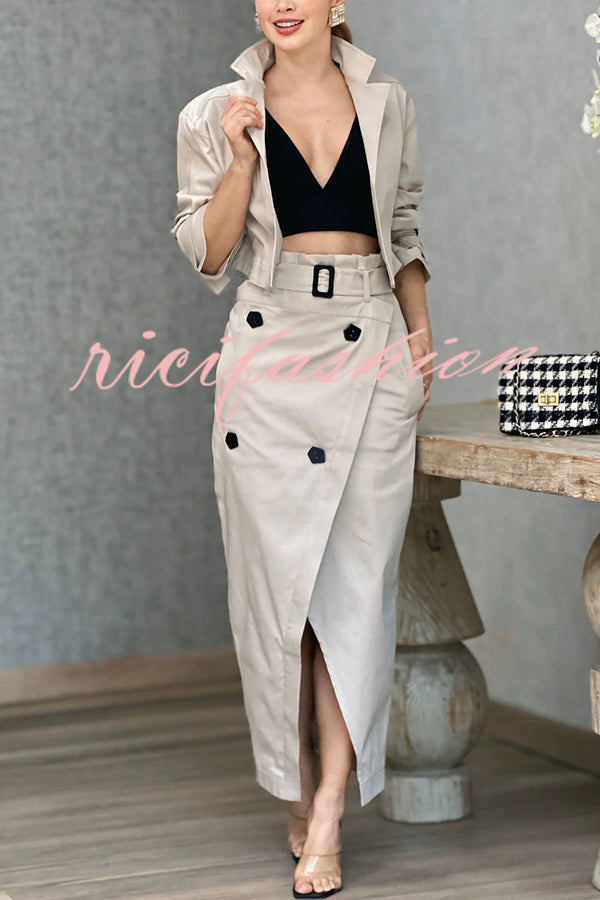 Work Style Lapel Long Sleeve Jacket and Button Belt Pocketed Slit Midi Skirt Set