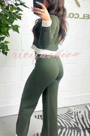 Fashionable Knit Colorblock Long Sleeve Cardigan and Elastic Waist Loose Stretch Pants Set