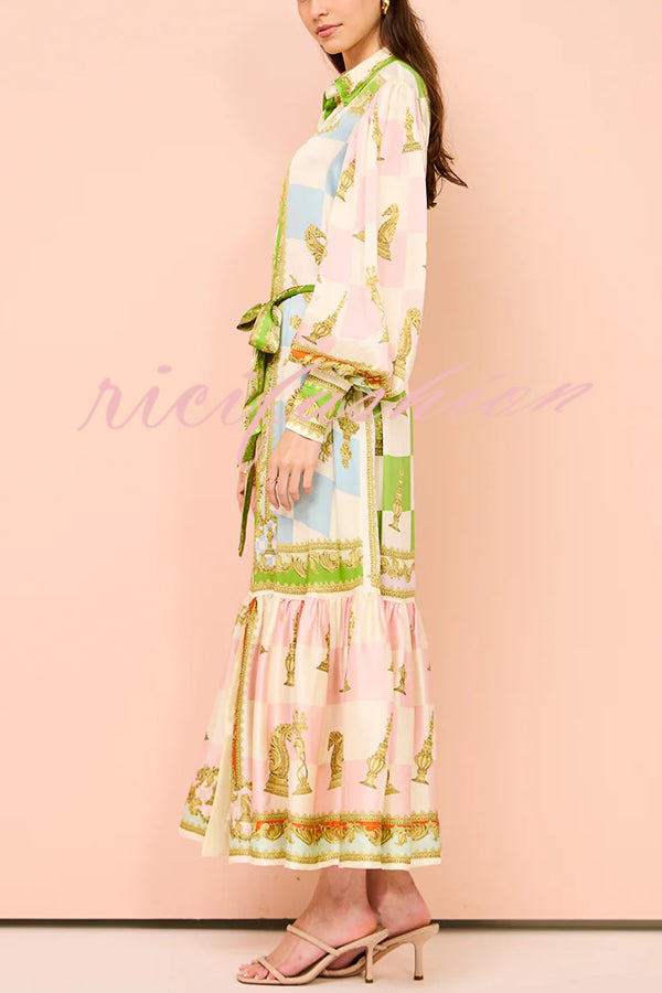 Garden Party Satin Unique Print Balloon Sleeve Belted Shirt Maxi Dress